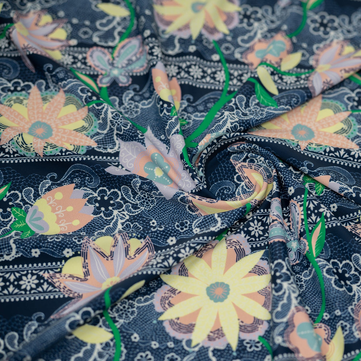 Swirled sample shot of Chantilly Floral Lace Printed Spandex
