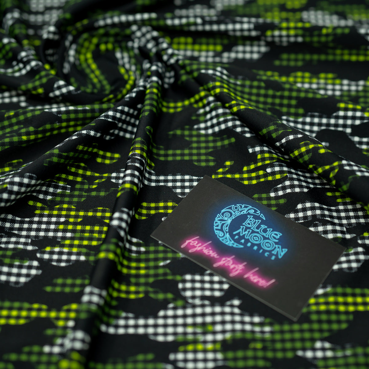 A crumpled piece of Camouflage Plaid Printed Spandex