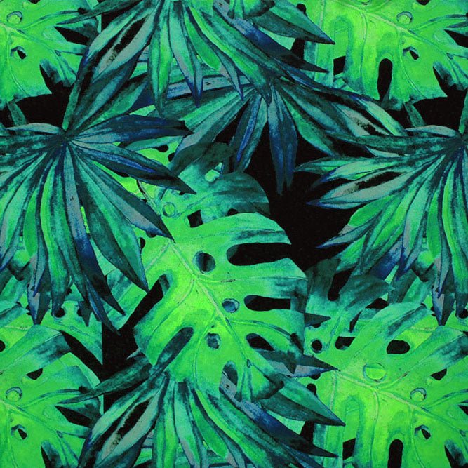 A flat sample of Mixed Palm Leaves Black Ground Printed Spandex Fabric 