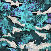 A flat sample of Camoflage Paisley Patchwork Printed Spandex Fabric in Multi Color