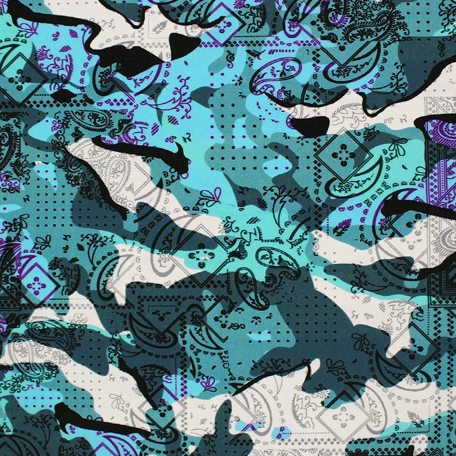 A flat sample of Camoflage Paisley Patchwork Printed Spandex Fabric in Multi Color