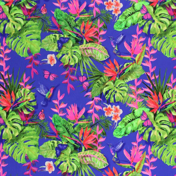 A flat sample of Humming Bird Tropical Garden Printed Spandex.
