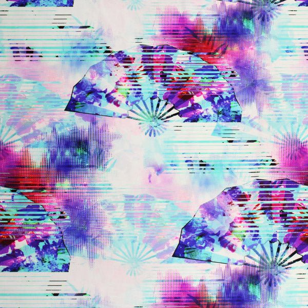 A flat sample of Modern Pastel Asian Fans Printed Spandex.
