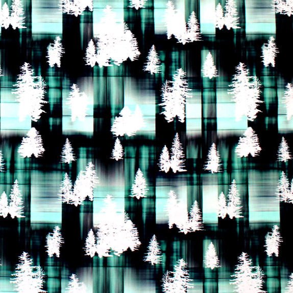 A flat sample of Pine Forest Mint Black Printed Spandex.