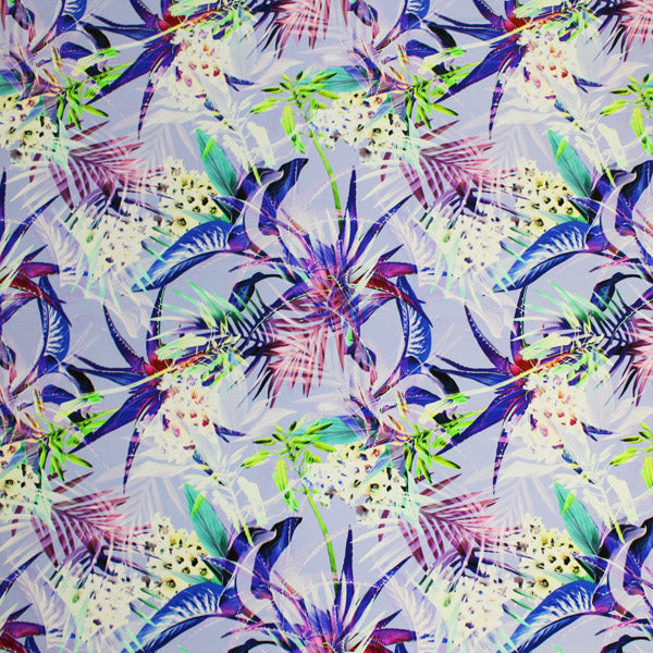 Tropical Flowers and Palms Printed Spandex | Blue Moon Fabrics