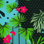 A flat sample of night light florals printed spandex.