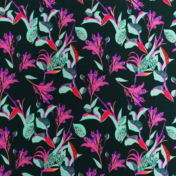 A flat sample of Groovy Night Flowers Printed Spandex.