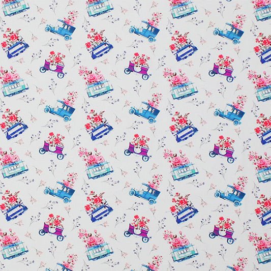 A flat sample of Old Fashioned Flowers and Cars Printed Spandex.