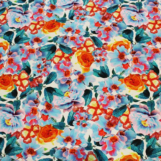 A flat sample of Fluorescent Flowers Printed Spandex.