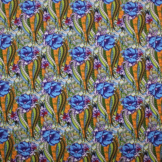 A flat sample of Tribal Flowers Printed Spandex.