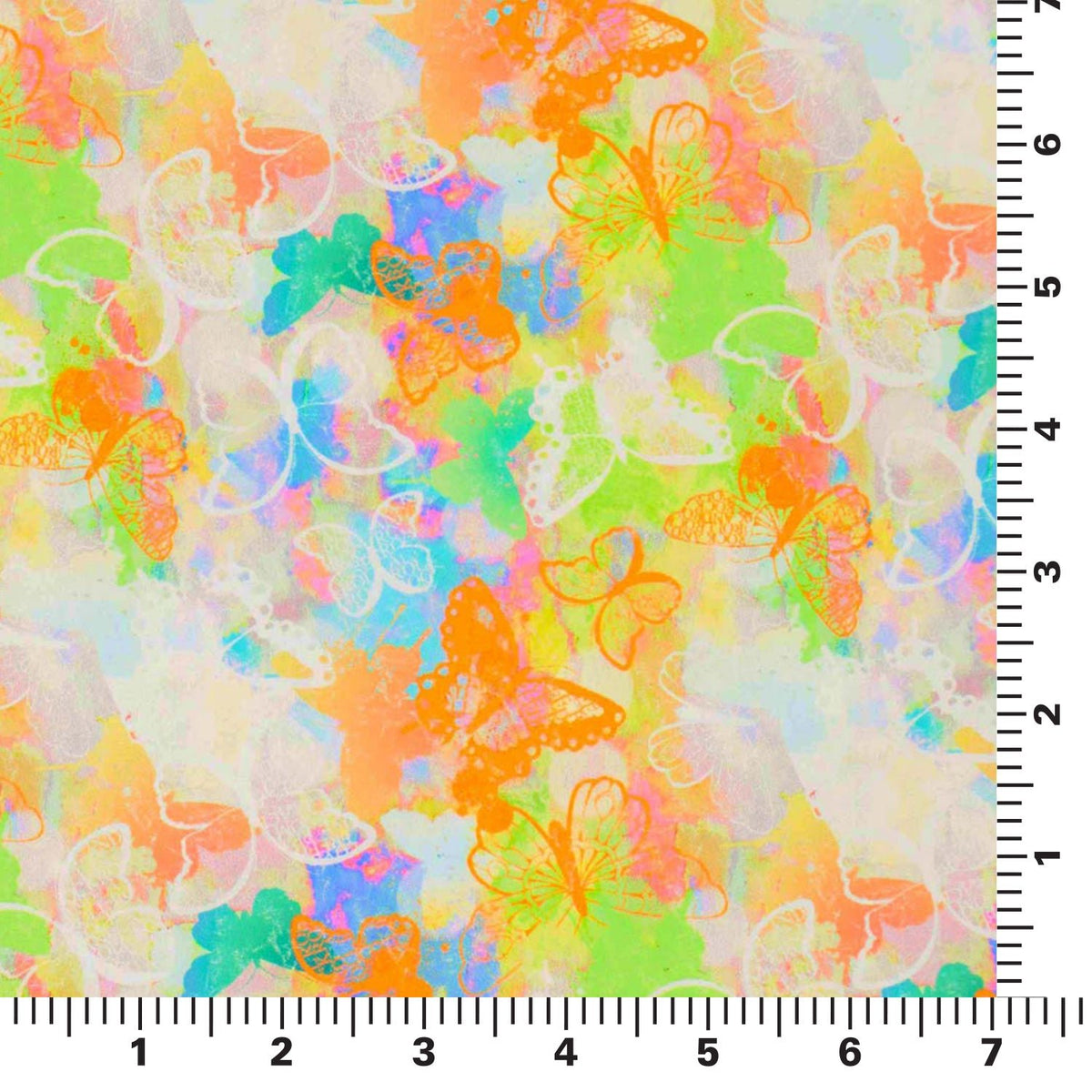 Flat piece of Neon Butterflies Printed Spandex on a 7" by 7" ruler..