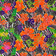 A flat sample of tropical zebra printed spandex.
