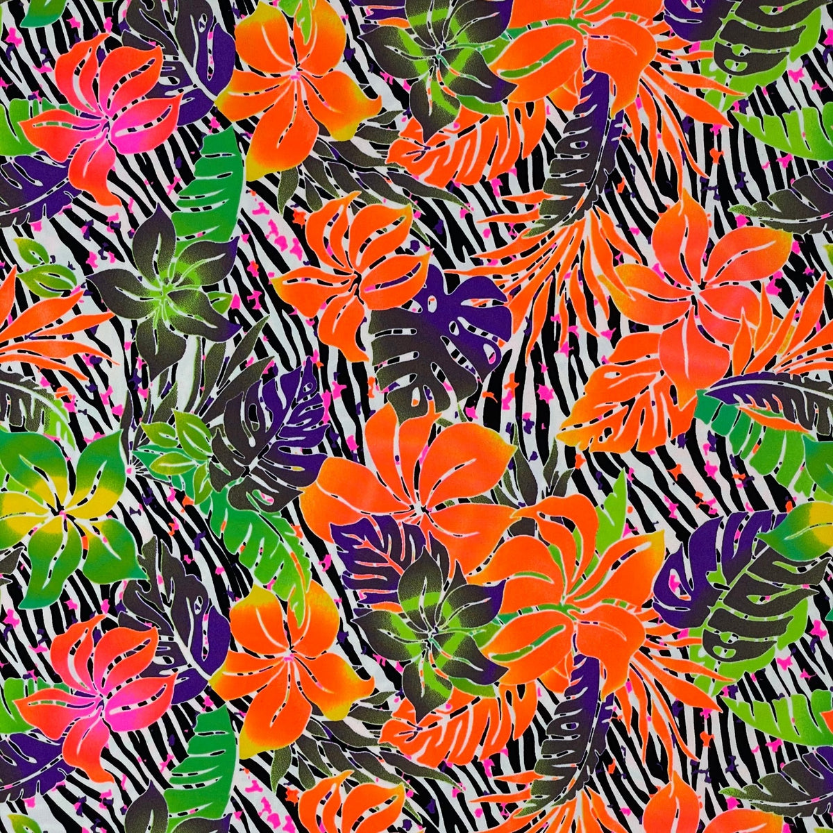 A flat sample of tropical zebra printed spandex.