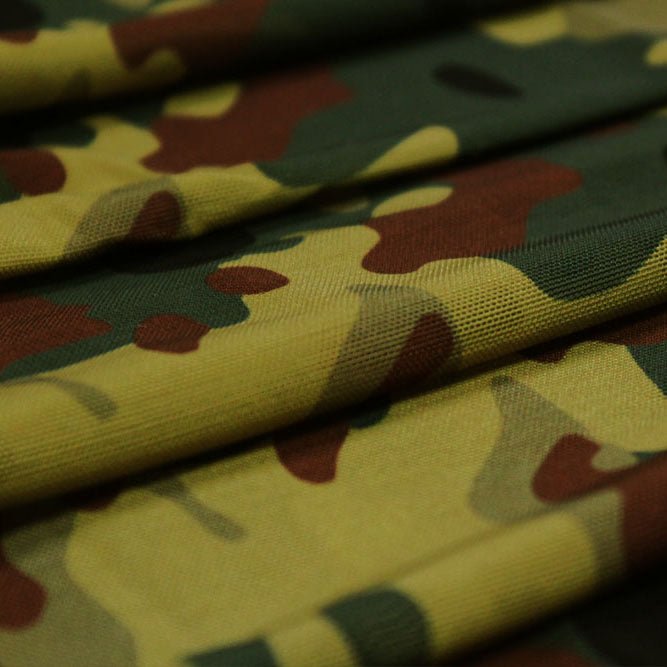 A flat sample of camo green printed power mesh.