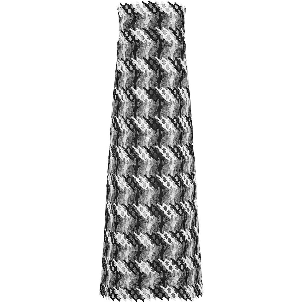 A draped sample of pixel mechanical lace in the color black-white.