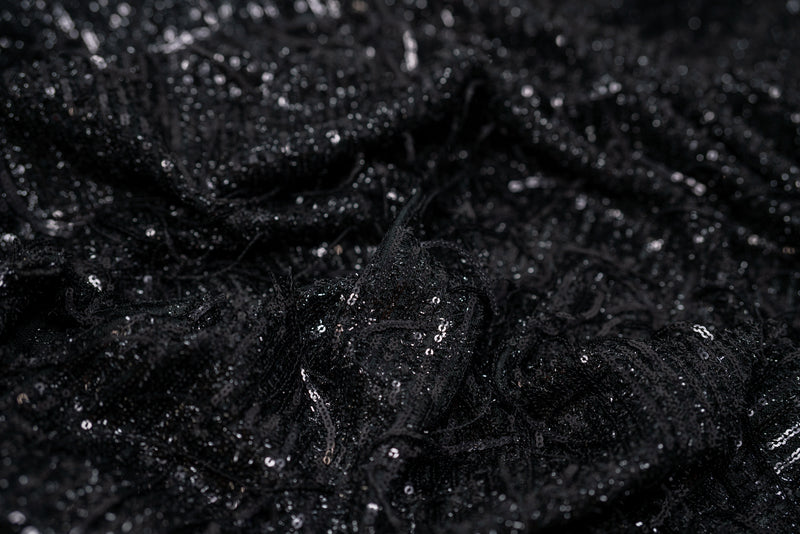 Sequin Fabric Background. Close-up Shot Of Glittery Black Sequins