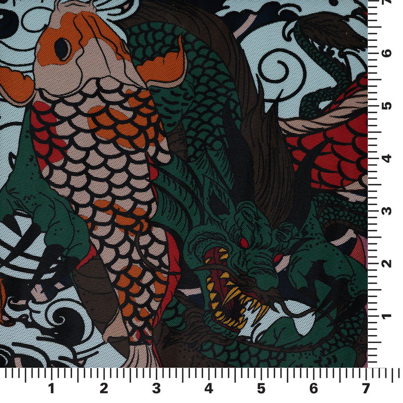 Japanese Dragon and Koi Fish on Floral Tattoo Printed Power Mesh Fabri